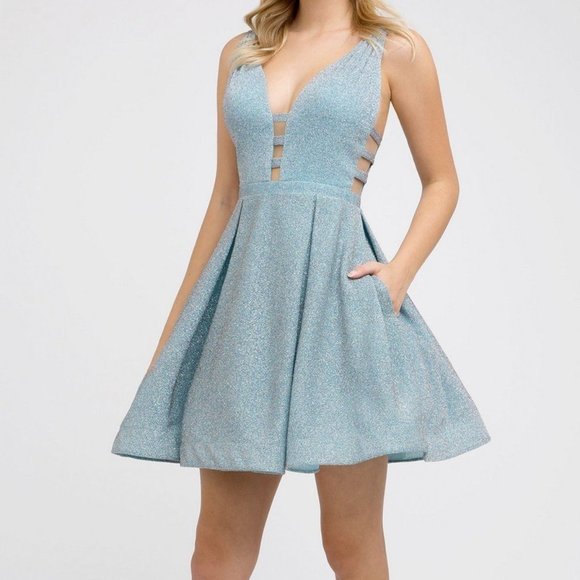 V-Neck Sleeveless A-Line Glittered Dress JT851 - Picture 1 of 3